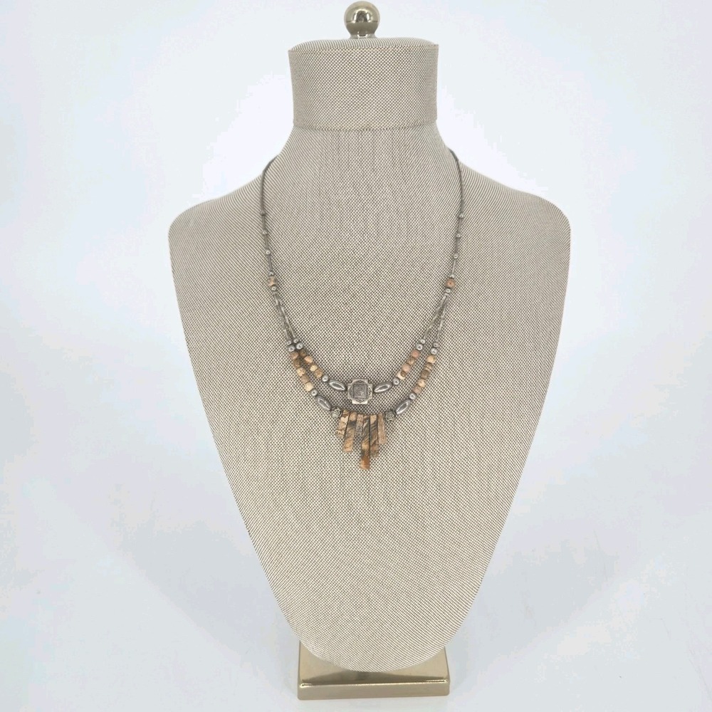 Southwestern Picture Jasper Fringe Necklace Silver Tone Boho Tribal Beaded 18"